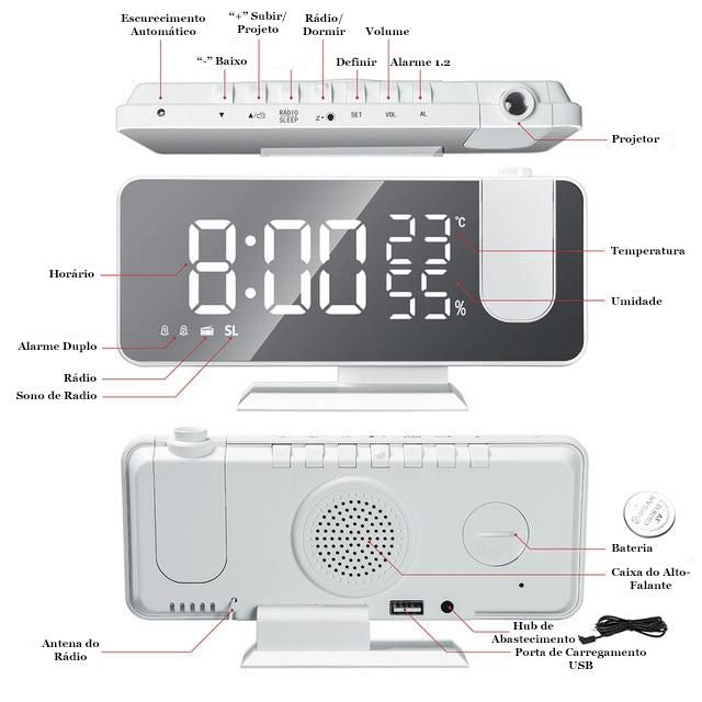 Relógio Digital LED Smart Alarm com Projetor 180°