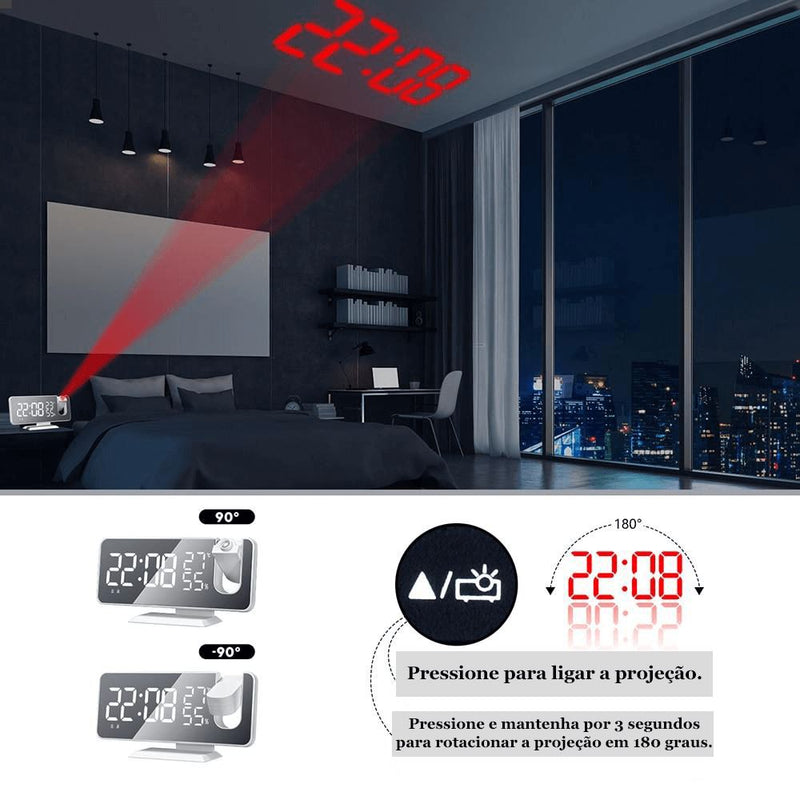 Relógio Digital LED Smart Alarm com Projetor 180°